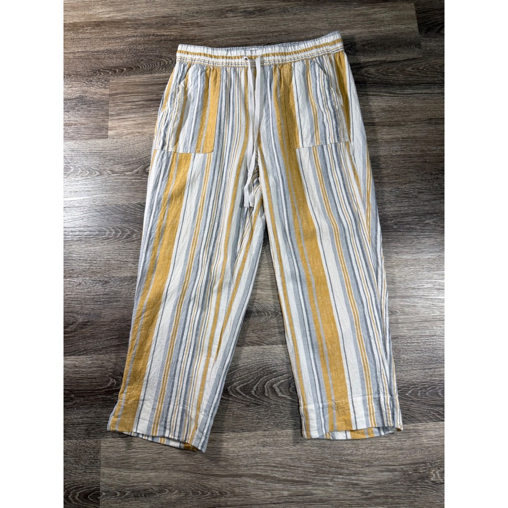 Land‎ 'n Sea Striped Linen Blend Drawstring Pants Yellow Grey White Medium